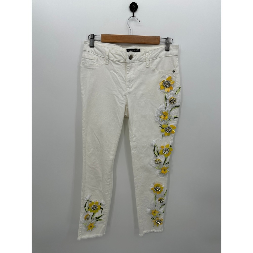 Boston Proper Womens White Floral Embroidered Sequin Skinny Jeans Size 6 Raw Hem